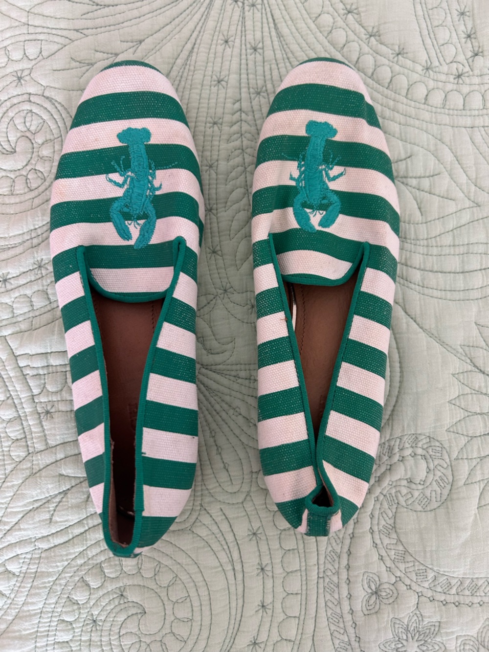 Coach Green and White Striped Canvas and leather Loafers lobster Embroidery
